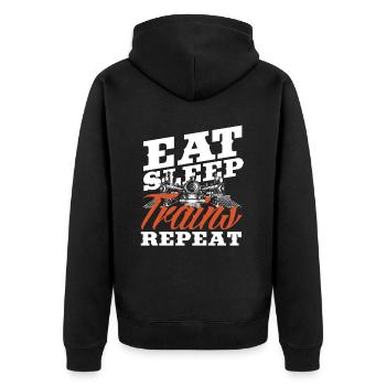 Eat Sleep Trains Repeat Eisenbahnliebhaber - Unisex Premium Bio Zip Hoodie - Schwarz - Hinten - Nico (187cm)