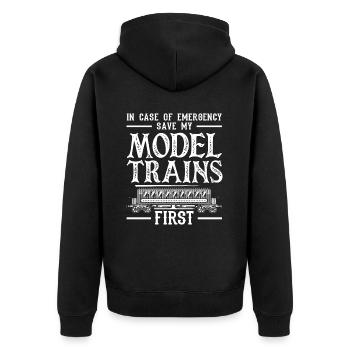 In case of emergency, save my model trains first - Unisex Premium Organic Zip Hoodie - black - Back - Nico (187cm)