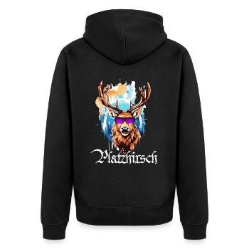 Platzhirsch JGA Tracht Lederhosn wandern Geweih - Unisex Premium Bio Zip Hoodie - Schwarz - Hinten - Nico (187cm)