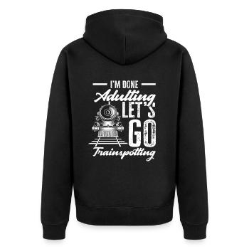 I'm done with adulthood Let's - Unisex Premium Organic Zip Hoodie - black - Back - Nico (187cm)