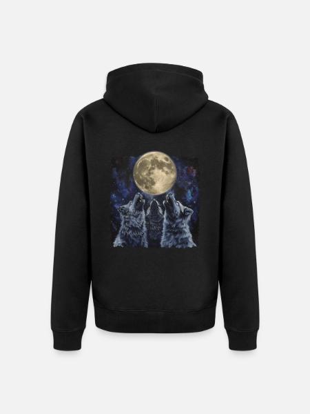 Keeshond Dog Howling Moon - Unisex Premium Organic Zip Hoodie - black