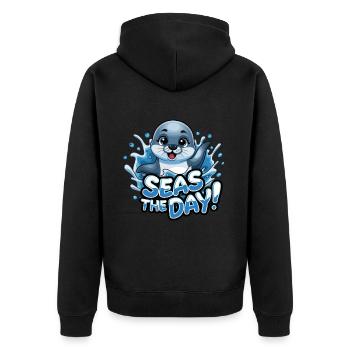 Niedliche Robbe Seas The Day für einen Robben - Unisex Premium Bio Zip Hoodie - Schwarz - Hinten - Nico (187cm)