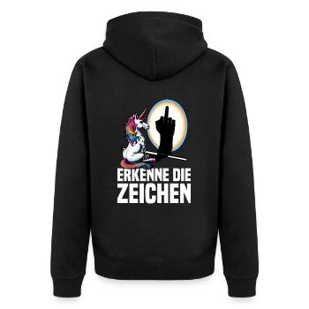 Erkenne die Zeichen Einhorn Schatten Lustiger - Unisex Premium Bio Zip Hoodie - Schwarz - Hinten - Nico (187cm)