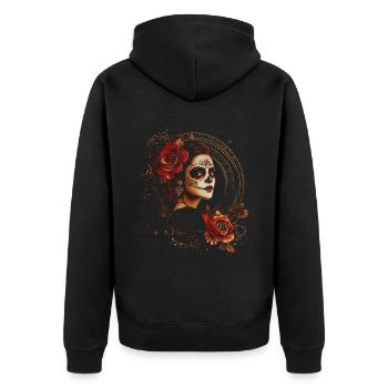 Vintage Catrina mit Rosen für Dia de los Muertos - Unisex Premium Bio Zip Hoodie - Schwarz - Hinten - Nico (187cm)