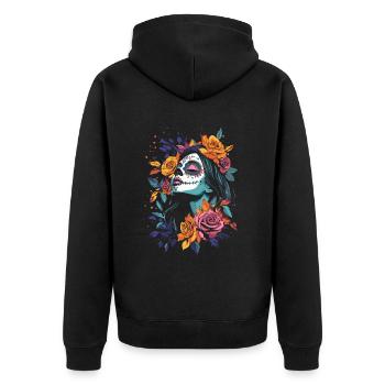 Blaue Catrina mit Blumen für Dia de los Muertos - Unisex Premium Bio Zip Hoodie - Schwarz - Hinten - Nico (187cm)