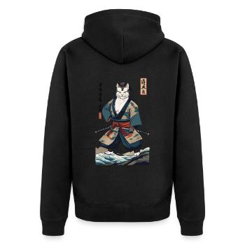 Samurai Cat Vintage Ukiyo-E Japanese - Unisex Premium Organic Zip Hoodie - black - Back - Nico (187cm)