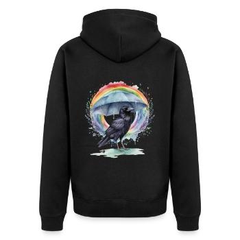 Regenbogen Krähe Krähen Raben Rabe Regenschirm - Unisex Premium Bio Zip Hoodie - Schwarz - Hinten - Nico (187cm)