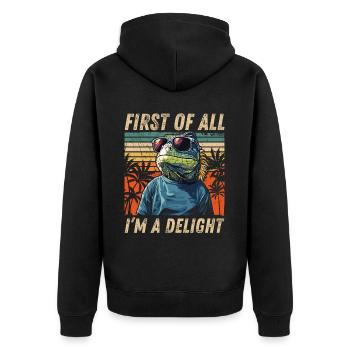 Vintage Iguana Art - Farbige Sunset-Optik - Unisex Premium Bio Zip Hoodie - Schwarz - Hinten - Nico (187cm)