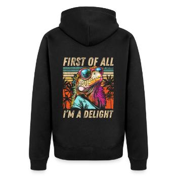 Tropical Iguana - Sunset and Palm Tree Design - Unisex Premium Organic Zip Hoodie - black - Back - Nico (187cm)