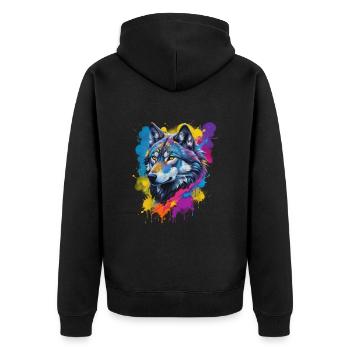 Farbexplosion Wolf Portrait Künstlervision - Unisex Premium Bio Zip Hoodie - Schwarz - Hinten - Nico (187cm)