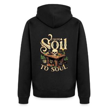 Apotheker Kräutersammler From Soil To Soul - Unisex Premium Bio Zip Hoodie - Schwarz - Hinten - Nico (187cm)