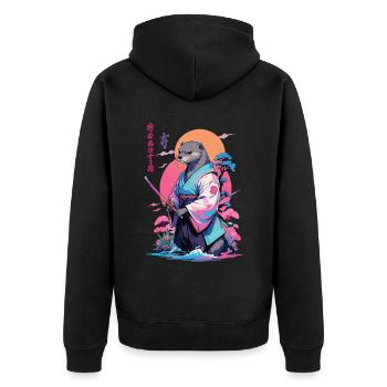 Samurai Otter Aesthetic Vaporwave Stil - Unisex Premium Bio Zip Hoodie - Schwarz - Hinten - Nico (187cm)