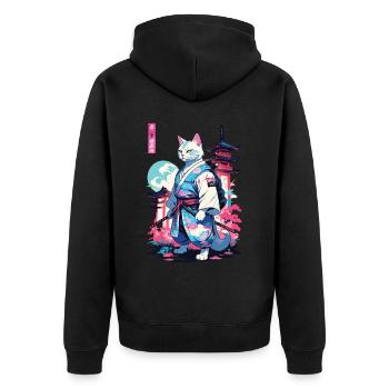 Samurai Katze Vaporwave Aesthetic Japan Style - Unisex Premium Bio Zip Hoodie - Schwarz - Hinten - Nico (187cm)