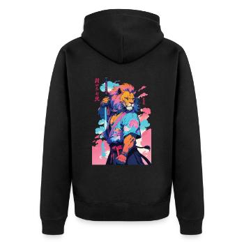 Samurai Löwe Aesthetic Vaporwave Stil - Unisex Premium Bio Zip Hoodie - Schwarz - Hinten - Nico (187cm)