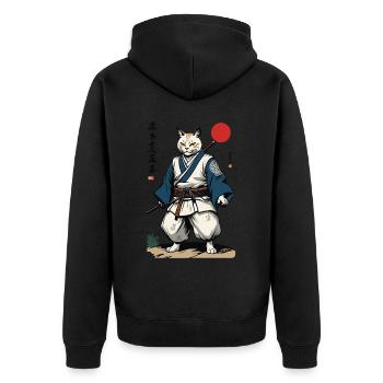Samurai Cat Vintage Ukiyo-E Artwork Design - Unisex Premium Organic Zip Hoodie - black - Back - Nico (187cm)