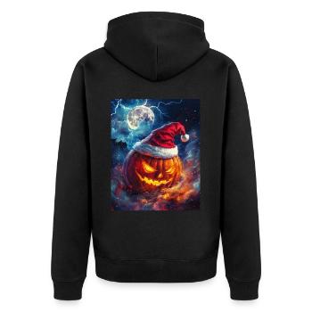 Halloween Geschenk Kürbis mit Weihnachtsmütze Deko - Unisex Premium Bio Zip Hoodie - Schwarz - Hinten - Nico (187cm)