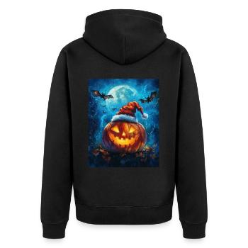 Halloween Geschenk Kürbis mit Weihnachtsmütze Deko - Unisex Premium Bio Zip Hoodie - Schwarz - Hinten - Nico (187cm)