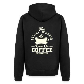 Social worker running with coffee and faith - Unisex Premium Organic Zip Hoodie - black - Back - Nico (187cm)