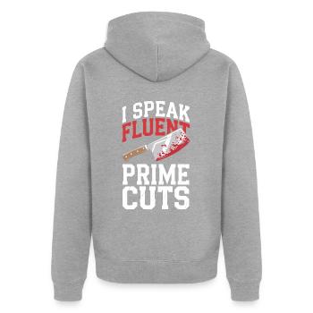 Fleischer Metzger Schlachter - Unisex Premium Bio Zip Hoodie - Grau meliert - Hinten - Nico (187cm)