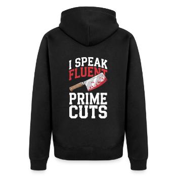 Fleischer Metzger Schlachter - Unisex Premium Bio Zip Hoodie - Schwarz - Hinten - Nico (187cm)