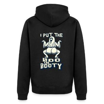 lustiger Gespenster Spruch i put the boo in booty - Unisex Premium Bio Zip Hoodie - Schwarz - Hinten - Nico (187cm)