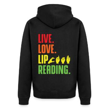 Deaf Pride ASL Gebärdensprache - Unisex Premium Bio Zip Hoodie - Schwarz - Hinten - Nico (187cm)