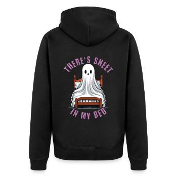 Funny Halloween Saying: There's Sheet In My Bed - Unisex Premium Organic Zip Hoodie - black - Back - Nico (187cm)