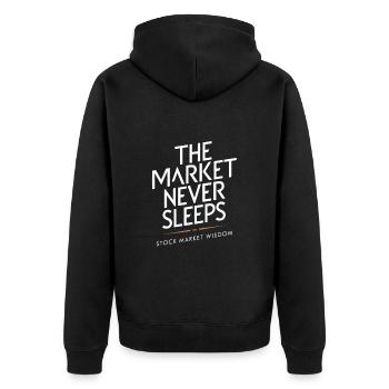 Börsenweisheit: Der Markt schläft nie - Unisex Premium Bio Zip Hoodie - Schwarz - Hinten - Nico (187cm)