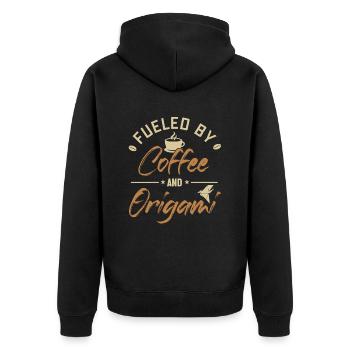 Angetrieben von Kaffee und Origami Eule Papierkranich - Unisex Premium Bio Zip Hoodie - Schwarz - Hinten - Nico (187cm)