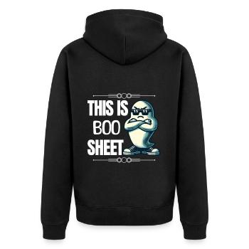Funny Halloween Ghost 'This Is Boo Sheet' - Unisex Premium Organic Zip Hoodie - black - Back - Nico (187cm)