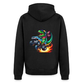 Abenteuerlustiger Dinosaurier Auf Monstertruck - Unisex Premium Bio Zip Hoodie - Schwarz - Hinten - Nico (187cm)