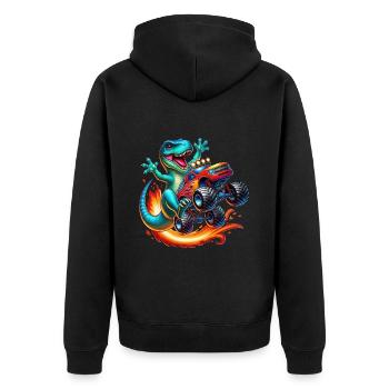 Abenteuerlustiger Dinosaurier Auf Monstertruck - Unisex Premium Bio Zip Hoodie - Schwarz - Hinten - Nico (187cm)