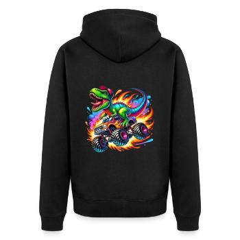 Abenteuerlustiger Dinosaurier Auf Monstertruck - Unisex Premium Bio Zip Hoodie - Schwarz - Hinten - Nico (187cm)