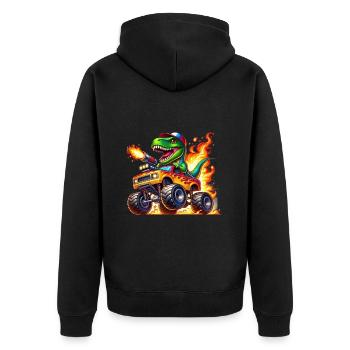 Abenteuerlustiger Dinosaurier Auf Monstertruck - Unisex Premium Bio Zip Hoodie - Schwarz - Hinten - Nico (187cm)