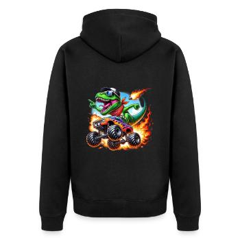 Abenteuerlustiger Dinosaurier Auf Monstertruck - Unisex Premium Bio Zip Hoodie - Schwarz - Hinten - Nico (187cm)