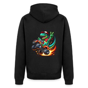 Abenteuerlustiger Dinosaurier Auf Monstertruck - Unisex Premium Bio Zip Hoodie - Schwarz - Hinten - Nico (187cm)