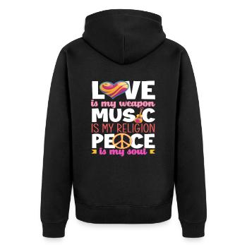 Love is my weapon, music is my religion, - Unisex Premium Organic Zip Hoodie - black - Back - Nico (187cm)