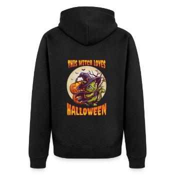Süßes Hexenkatze Halloween Outfit Damen - Unisex Premium Bio Zip Hoodie - Schwarz - Hinten - Nico (187cm)