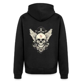 Totenkopf mit Flügel für Biker – Mechanischer Look - Unisex Premium Bio Zip Hoodie - Schwarz - Hinten - Nico (187cm)