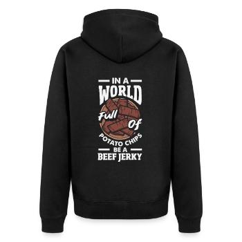 Beef Jerky Dealer Beef Jerky Costume - Unisex Premium Organic Zip Hoodie - black - Back - Nico (187cm)