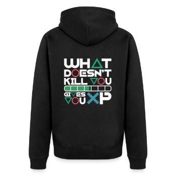 What doesn't kill you gives you XP – Motivation - Unisex Premium Organic Zip Hoodie - black - Back - Nico (187cm)