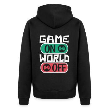 Gaming gamer game on, world off – dicton gamer - Veste à capuche bio Premium Unisexe - noir - Dos - Nico (187cm)
