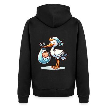 Niedlicher Storch Mit Baby Motiv – Willkommen - Unisex Premium Bio Zip Hoodie - Schwarz - Hinten - Nico (187cm)