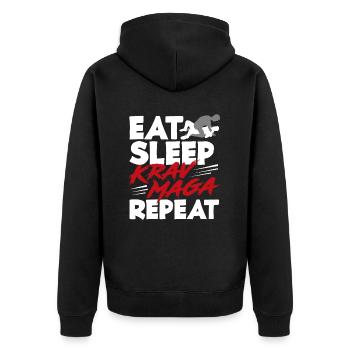 Krav Maga Essen Schlafen - Unisex Premium Bio Zip Hoodie - Schwarz - Hinten - Nico (187cm)