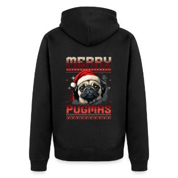 Merry Pugmas Ugly Christmas Mops Weihnachtsmütze - Unisex Premium Bio Zip Hoodie - Schwarz - Hinten - Nico (187cm)