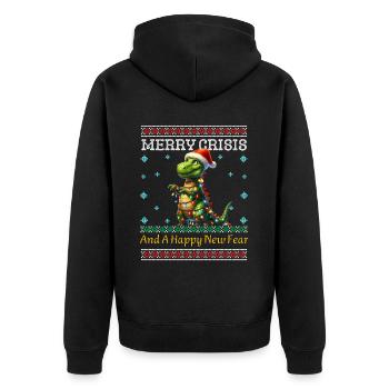 Merry Crisis Weihnachten Dino Ugly Christmas - Unisex Premium Bio Zip Hoodie - Schwarz - Hinten - Nico (187cm)