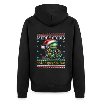 Dino Merry Crisis Ugly Christmas Weihnachten - Unisex Premium Bio Zip Hoodie - Schwarz - Hinten - Nico (187cm)