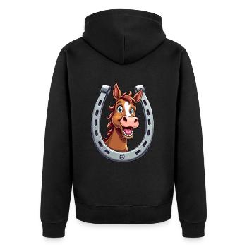 Pferd Lacht und Zeigt Zähne mit Hufeisen - Unisex Premium Bio Zip Hoodie - Schwarz - Hinten - Nico (187cm)