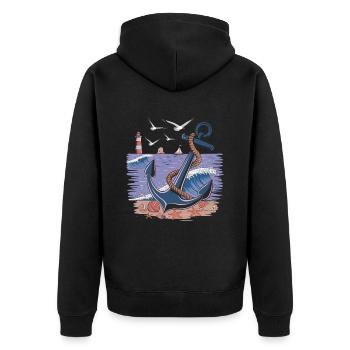 Nautischer Anker und Leuchtturm Ozean Szene - Unisex Premium Bio Zip Hoodie - Schwarz - Hinten - Nico (187cm)