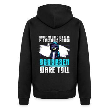 Heute möchte ich was mit Menschen machen Schubsen - Unisex Premium Bio Zip Hoodie - Schwarz - Hinten - Nico (187cm)